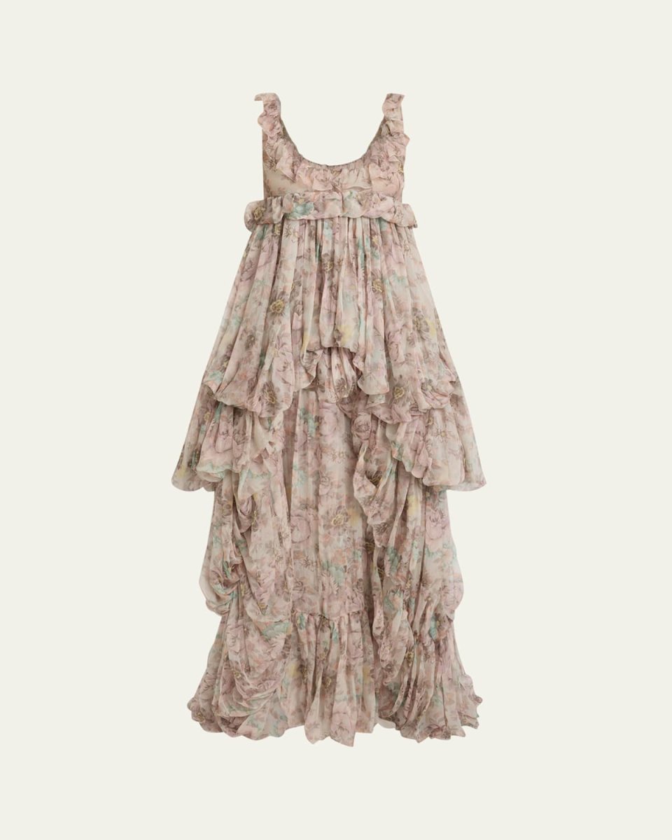 Floral Ruffle Tiered High-Low Balloon Babydoll Dress
